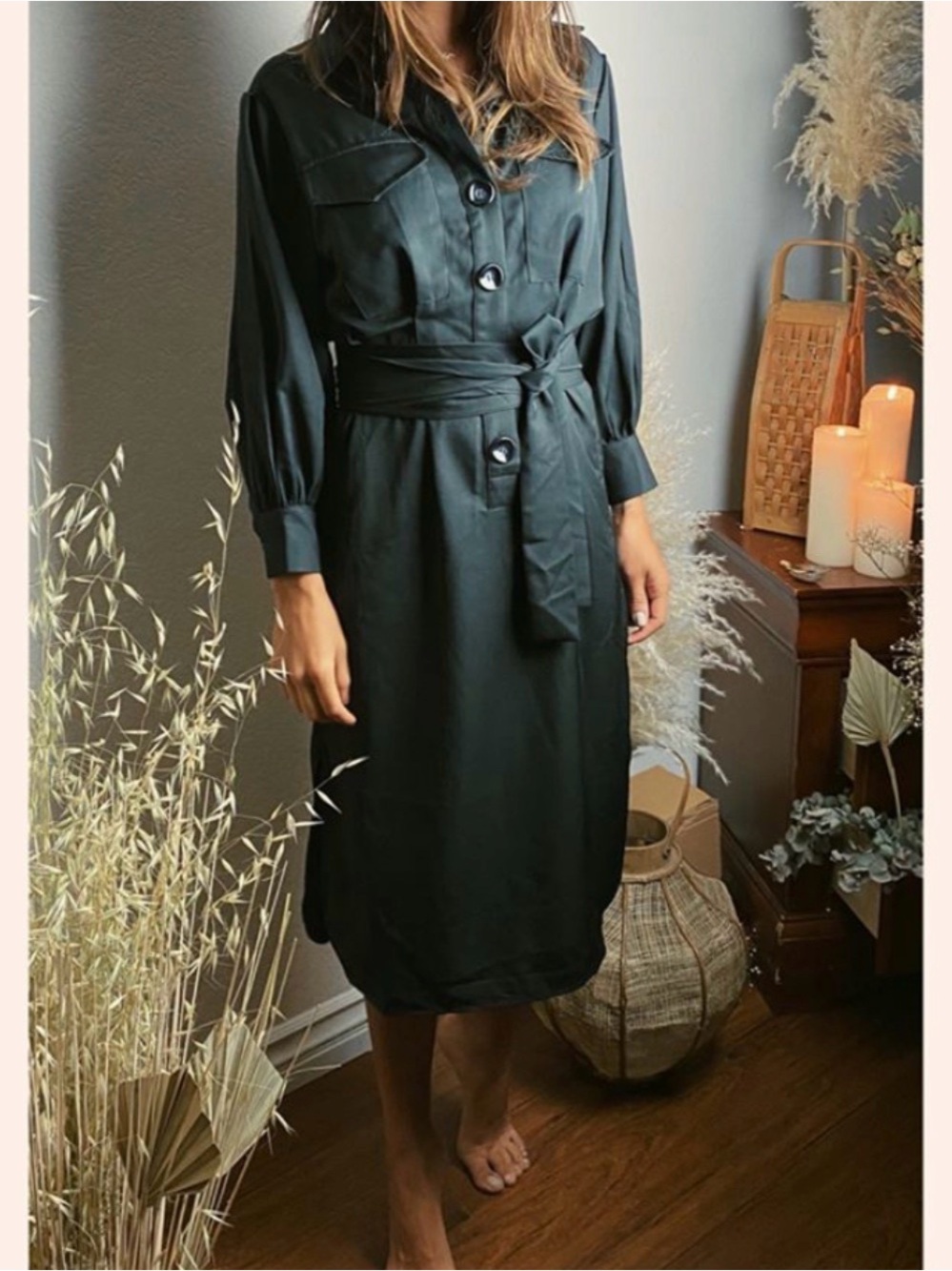 Wrap-Belt Midi Shirt Dress in Black